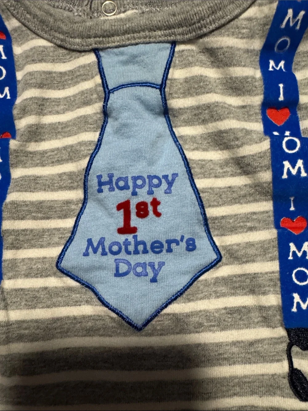 Koala Kids Gray Striped Onesie with Blue Tie and Suspenders Print
